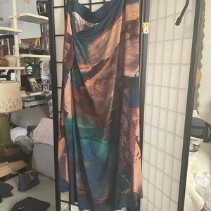 Poetry Multicolor Abstract Maxi Silk Skirt - Teal, Rust
